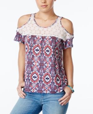 Ultra Flirt Juniors' Printed Lace-yoke Cold-shoulder Top