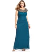 Xscape Plus Size Cap-sleeve Illusion Beaded Gown