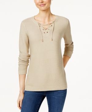 Charter Club Lace-up Split-neck Sweater, Only At Macy's