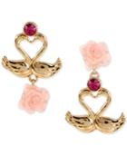 Betsey Johnson Gold-tone Swan And Rose Mismatch Drop Earrings