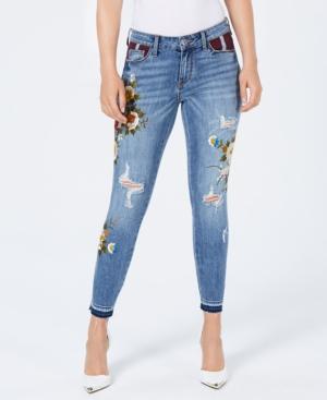 Guess Embroidered Plaid-pocket Distressed Skinny Jeans