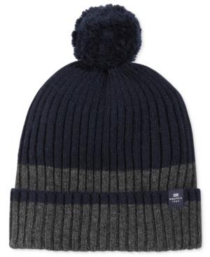 Nautica Men's Fleece-lined Striped Pom-pom Beanie
