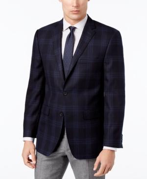 Vince Camuto Men's Slim-fit Navy Windowpane Plaid Wool Sport Coat