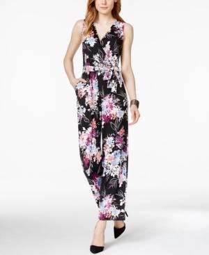 Ny Collection Petite Belted Floral-print Wide-leg Jumpsuit