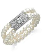 Arabella Bridal Cultured Freshwater Pearl (6-1/2mm) And Swarovski Zirconia (2-3/4 Ct. T.w.) Two-row Bracelet In Sterling Silver