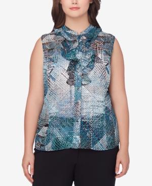 Tahari Asl Plus Size Printed Ruffled Top