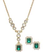 Charter Club Gold-tone Crystal And Green Stone Lariat Necklace & Stud Earrings