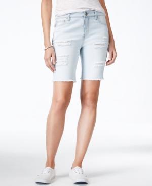 Tinseltown Juniors' Ripped Denim Bermuda Short, Super Light Wash