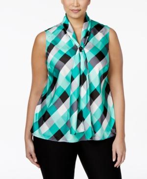 Nine West Plus Size Printed Tie-neck Top