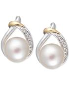 Cultured Freshwater Pearl (9mm) And White Topaz (1/10 Ct. T.w.) Earrings In Sterling Silver And 14k Gold
