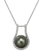 Cultured Tahitian Pearl (11mm) And Diamond (5/8 Ct. T.w.) Pendant Necklace In 14k White Gold