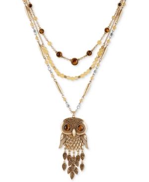 Lucky Brand Two-tone Beaded Layer Owl Pendant Necklace