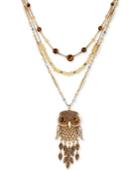 Lucky Brand Two-tone Beaded Layer Owl Pendant Necklace