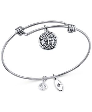 Unwritten Crystal Accented Cross Disc Charm Adjustable Bangle Bracelet In Stainless Steel