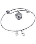 Unwritten Crystal Accented Cross Disc Charm Adjustable Bangle Bracelet In Stainless Steel