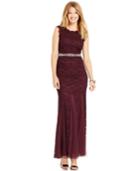 Betsy & Adam Jeweled Chiffon-lace Gown