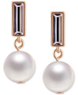 T Tahari Gold-tone Crystal And Imitation Pearl Drop Earrings
