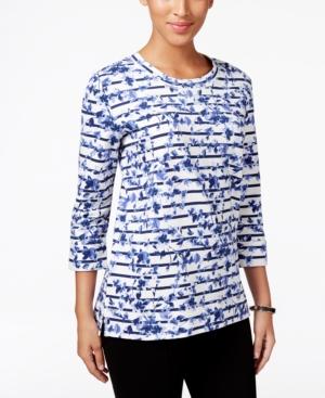 Karen Scott Floral-print Striped Sweatshirt, Only At Macy's