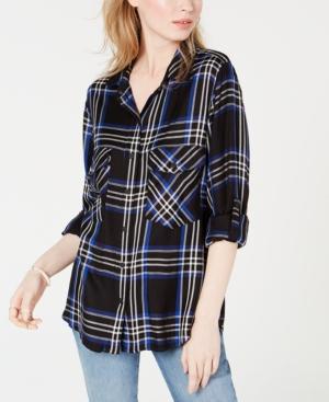 Sanctuary Plaid Roll-tab Sleeve Top