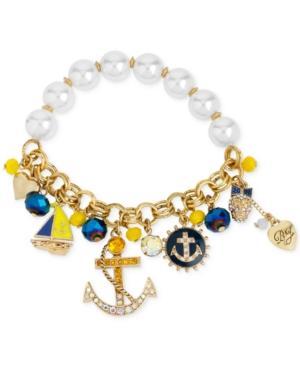 Betsey Johnson Gold-tone Anchor Charm And Faux Pearl Stretch Bracelet