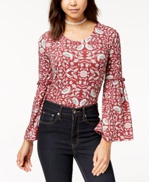 Love, Fire Juniors' Printed Bell-sleeve Rib-knit Top