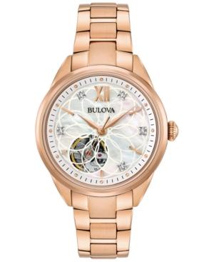 Bulova Women's Automatic Diamond Accent Rose Gold-tone Stainless Steel Bracelet Watch 34mm 97p121