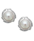 Sterling Silver Earrings, Cultured Freshwater Pearl And Diamond Accent Petal Stud Earrings