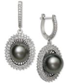 Black Cultured Tahitian Pearl (10mm) & Cubic Zirconia Drop Earrings In Sterling Silver