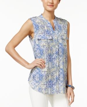 Ny Collection Sleeveless Geometric-print Utility Shirt