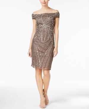 Adrianna Papell Sequined Off-the-shoulder Sheath Dress