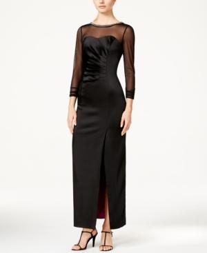 Tahari Asl Embellished Illusion-sleeve Satin Dress