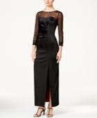 Tahari Asl Embellished Illusion-sleeve Satin Dress