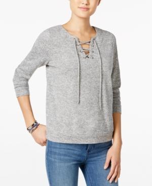 Hippie Rose Juniors' Lace-up Marled Pullover Top