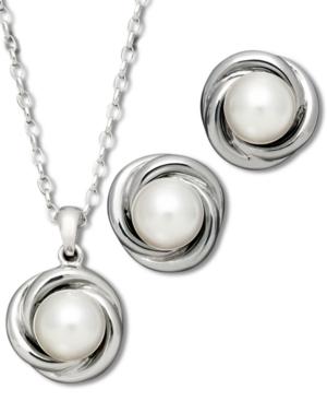 Pearl Jewelry Set, Sterling Silver Cultured Freshwater Pearl Love Knot Stud Earrings And Pendant Set
