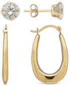 Duo Set Cubic Zirconia Stud Earrings And Oval Hoop Earrings In 10k Gold
