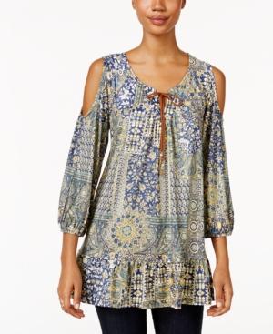 Style & Co Petite Printed Cold-shoulder Peasant Top, Only At Macy's
