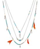 Silver-tone Layered Feather And Bead Necklace