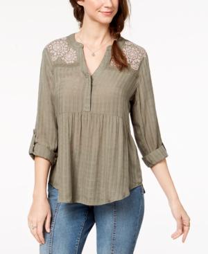 Style & Co Embroidered Roll-tab-sleeve Shirt, Created For Macy's