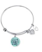 Unwritten Good Vibes Only Adjustable Charm Bangle Bracelet In Stainless Steel
