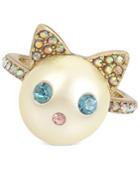 Betsey Johnson Gold-tone Colored Pave & Imitation Pearl Cat Ring