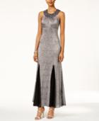 R & M Richards Petite Beaded Metallic Pleated Gown