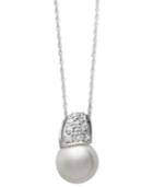 Belle De Mer 14k White Gold Necklace, Cultured Freshwater Pearl (9mm) And Diamond (1/6 Ct. T.w.) Wave Pendant