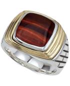 Esquire Men's Jewelry Tiger's Eye (12 X 10mm) Ring In Sterling Silver & 14k Gold, Created For Macy's