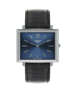 Henry London Heritage Square Silver Stainless Steel Case Blue Dial And Black Leather Strap