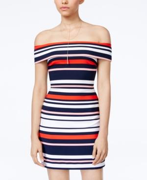 B Darlin Juniors' Striped Off-the-shoulder Dress