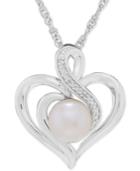 Freshwater Pearl (7mm) & Diamond Accent Heart Pendant Necklace In Sterling Silver
