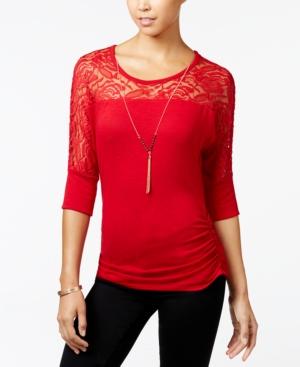 Bcx Juniors' Ruched Lace Necklace Top