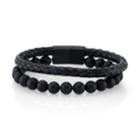 He Rocks Black Leather And Bead Double Bracelet With Stainless Steel Clasp, 8.5