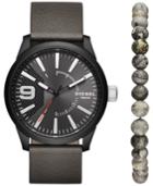 Diesel Men's Rasp Black Leather Strap Watch & Beaded Bracelet Set 46x53mm Dz1766