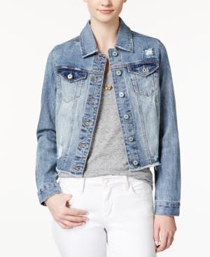 Vanilla Star Juniors' Frayed-hem Tara Wash Denim Jacket